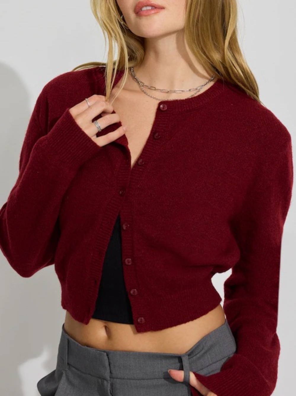 Garage Women's Burgundy Cropped Crewneck Cardigan